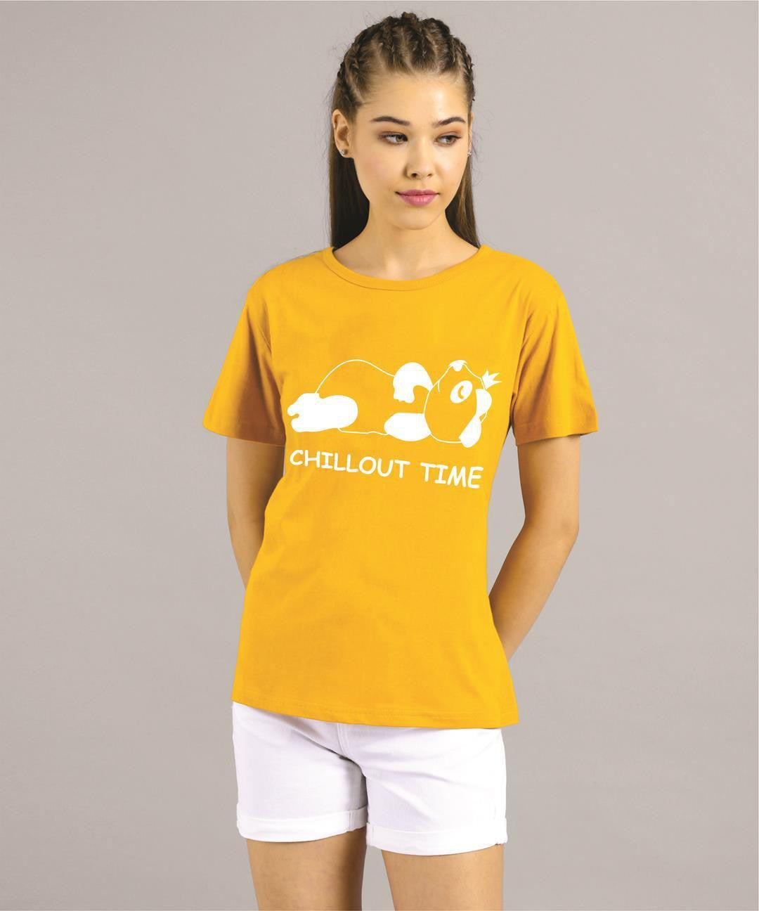 KOTTY Printed Women Round Neck Yellow T-Shirt 