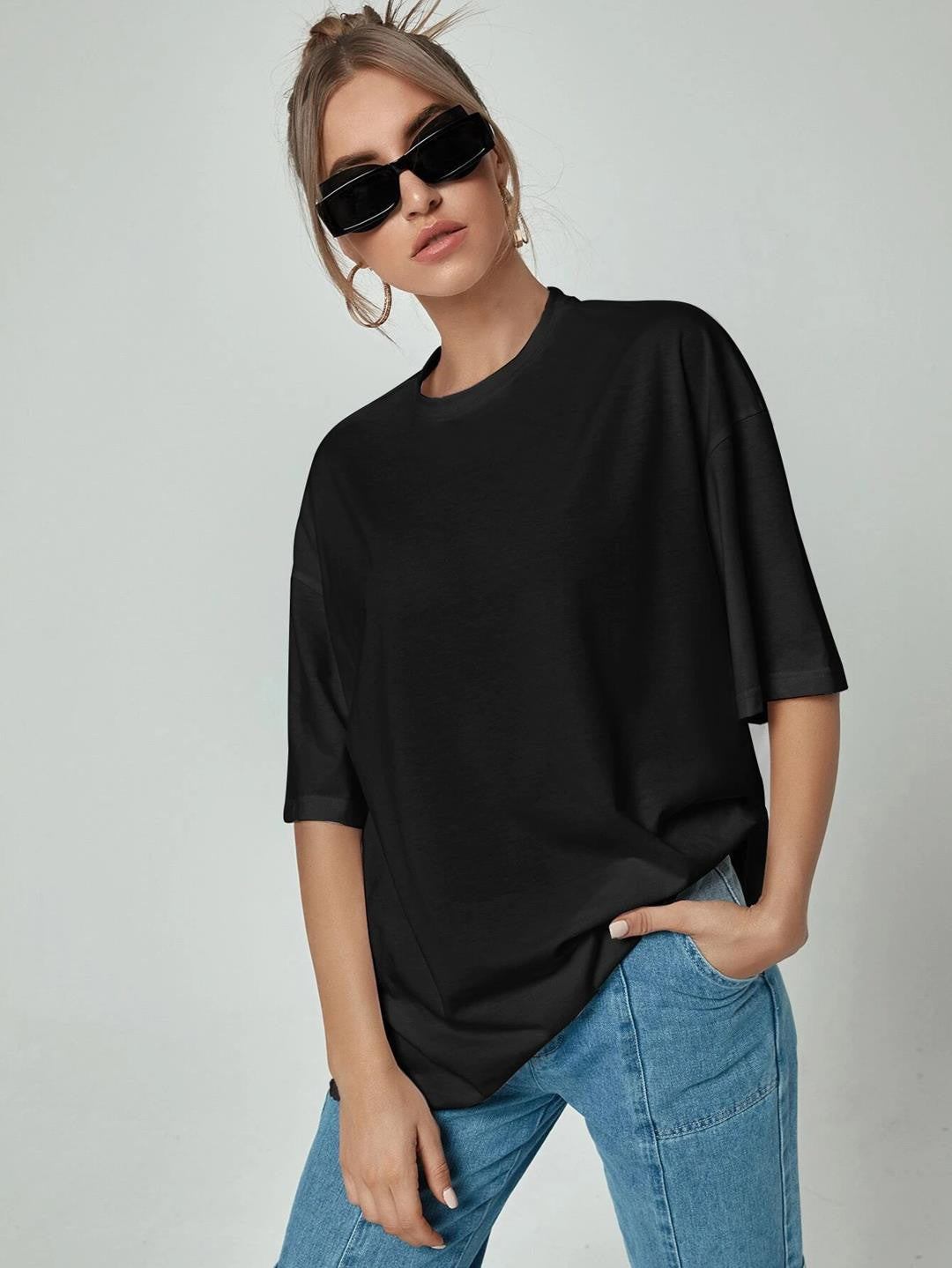 KOTTY Solid Women Round Neck Black T-Shirt 