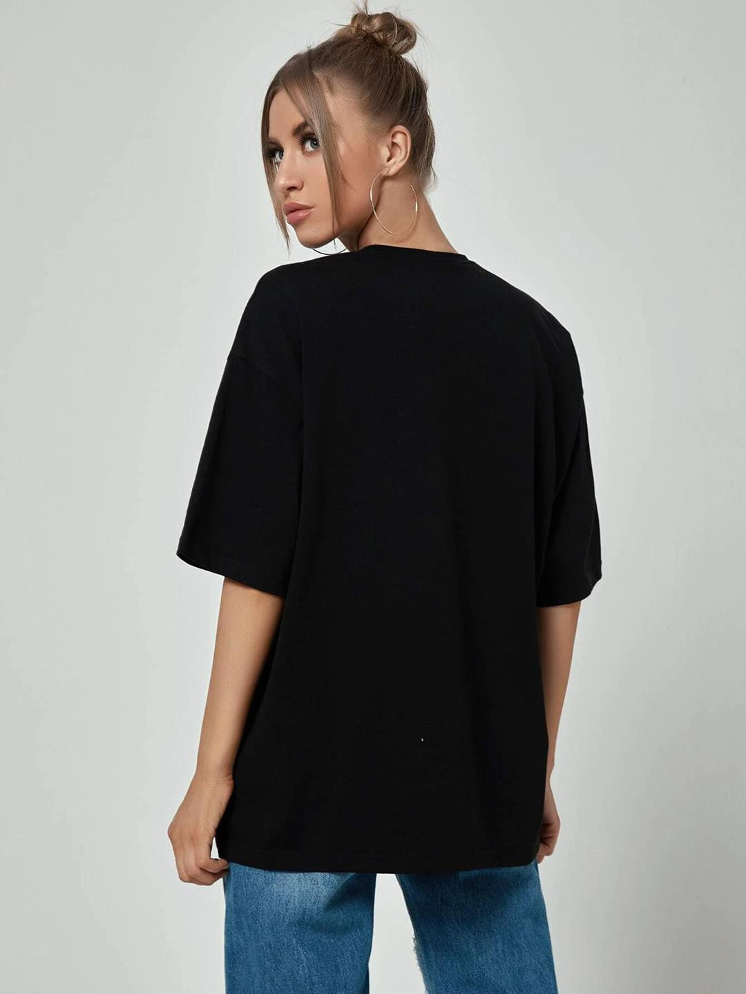 KOTTY Printed Women Round Neck Black T-Shirt 