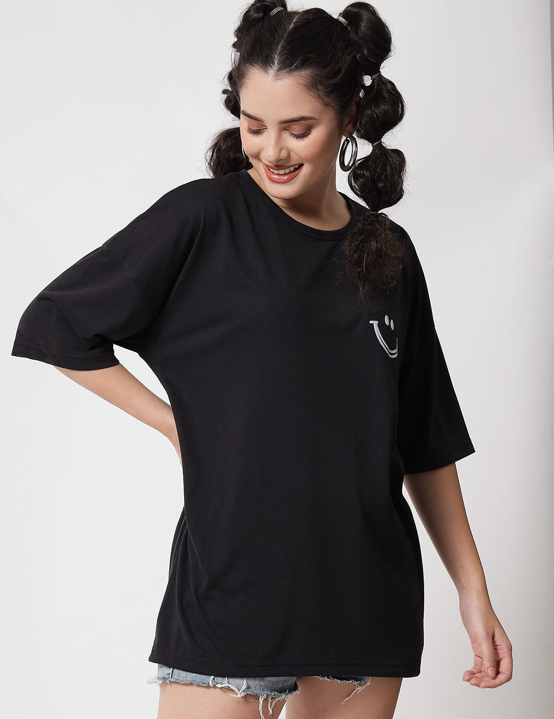 KOTTY Womens Printed Cotton Blend Jet black Tshirts