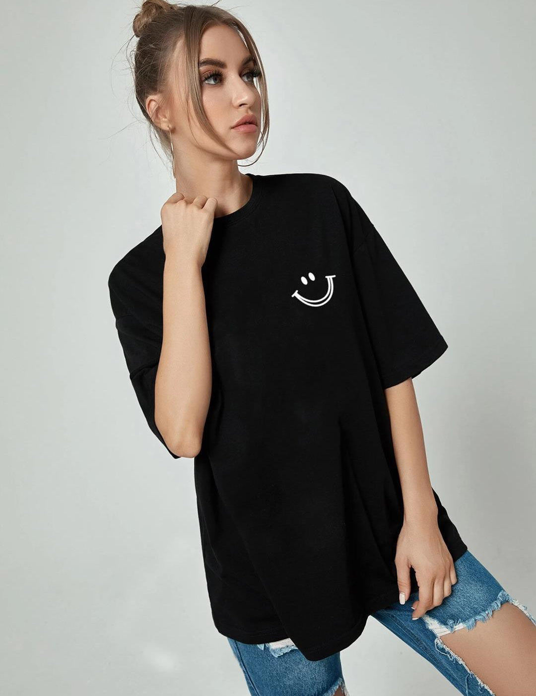 KOTTY Printed Women Round Neck Black T-Shirt 