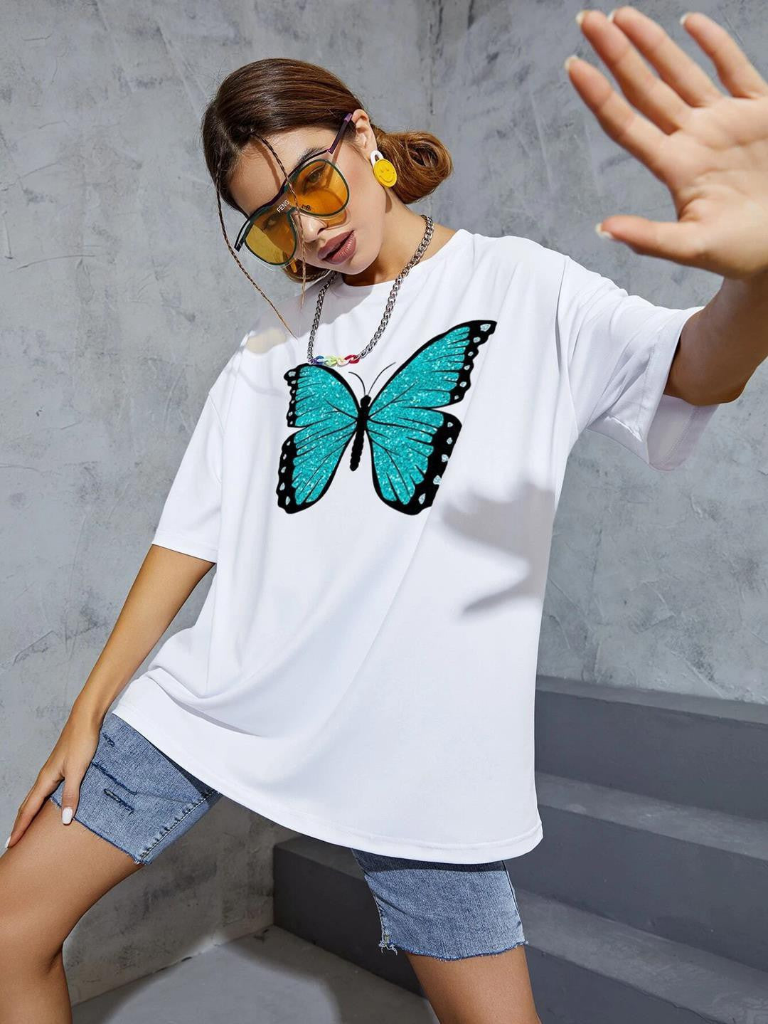 KOTTY Printed Women Round Neck White T-Shirt 