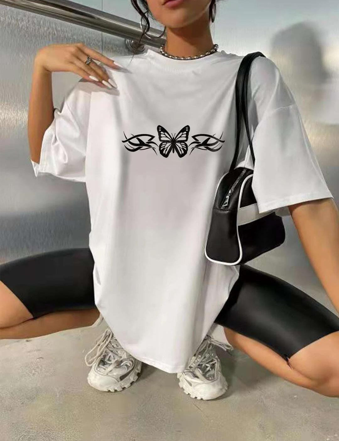 KOTTY Printed Women Round Neck White T-Shirt 
