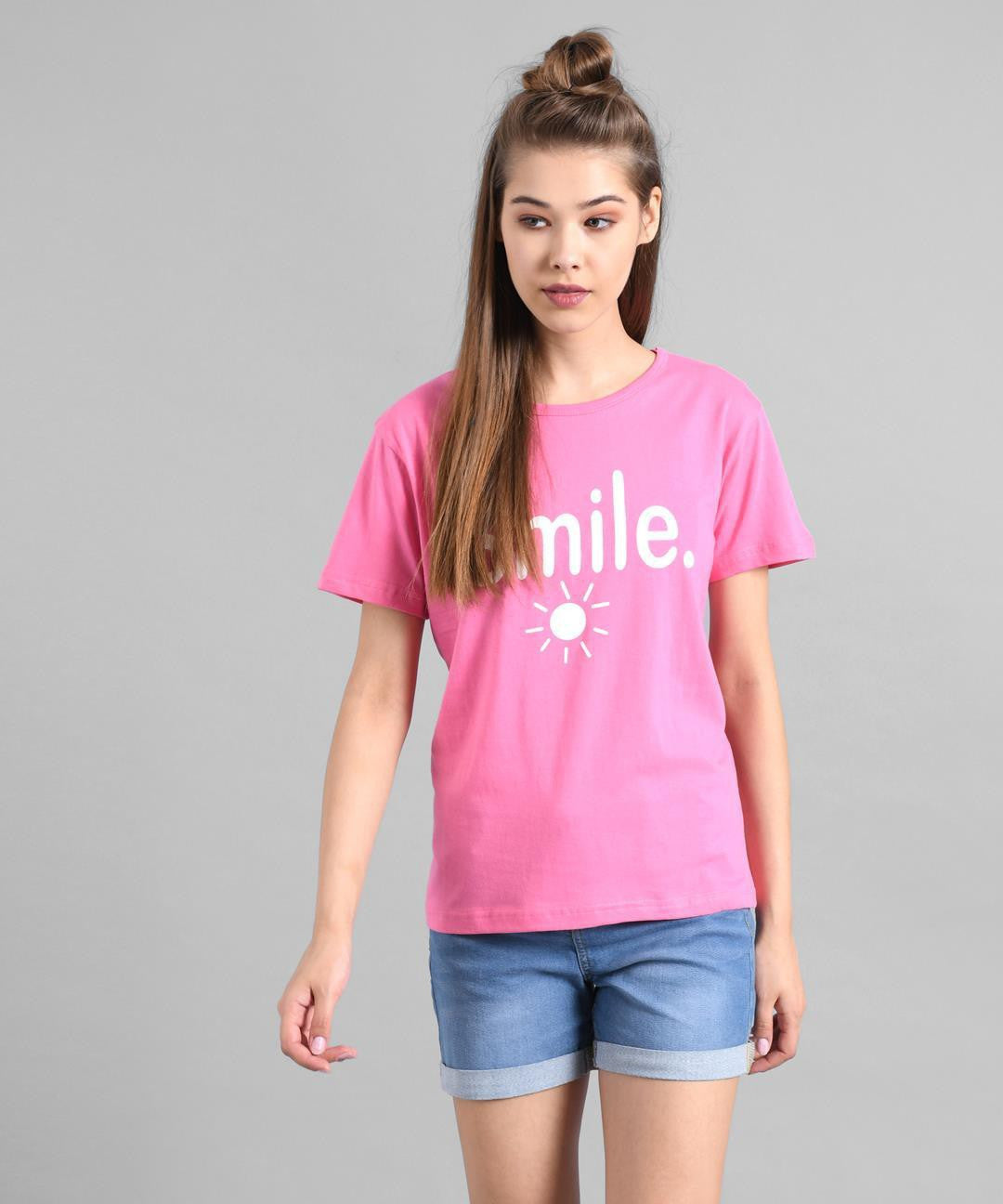KOTTY Printed Women Round Neck Pink T-Shirt 