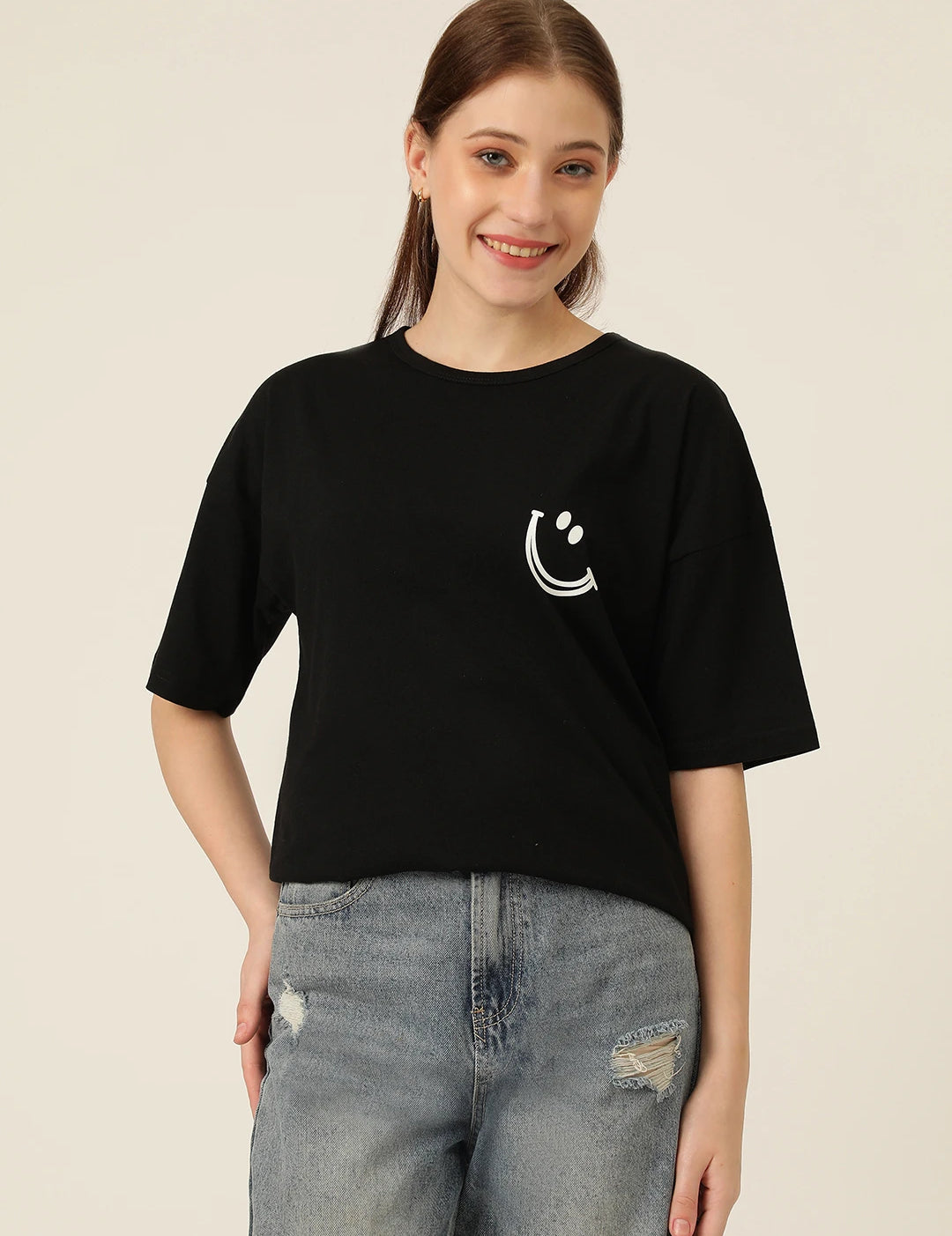 KOTTY Typography Women Round Neck Black T-Shirt 