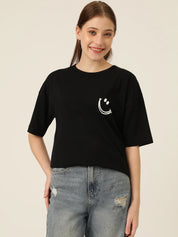 KOTTY Typography Women Round Neck Black T-Shirt 