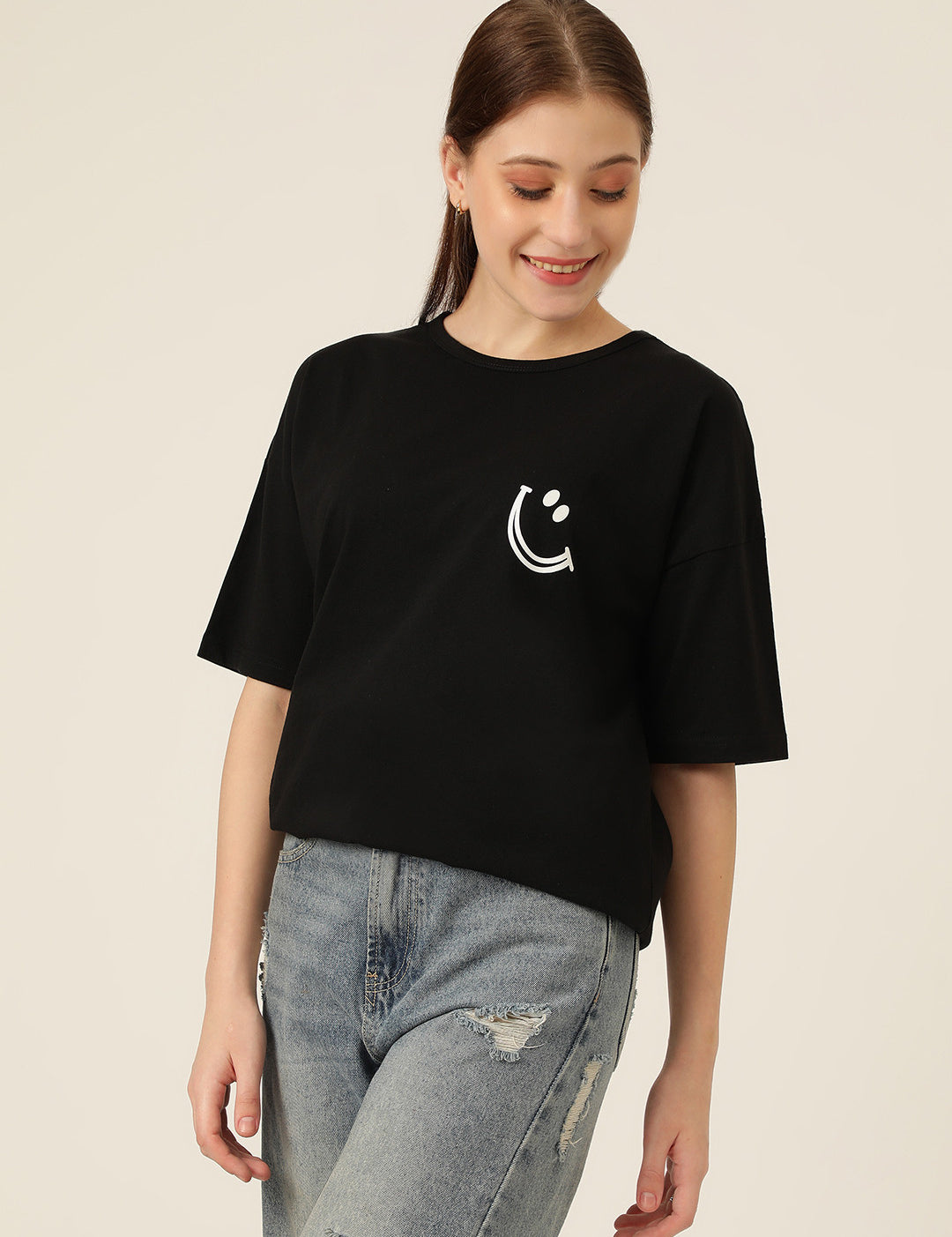 KOTTY Typography Women Round Neck Black T-Shirt 