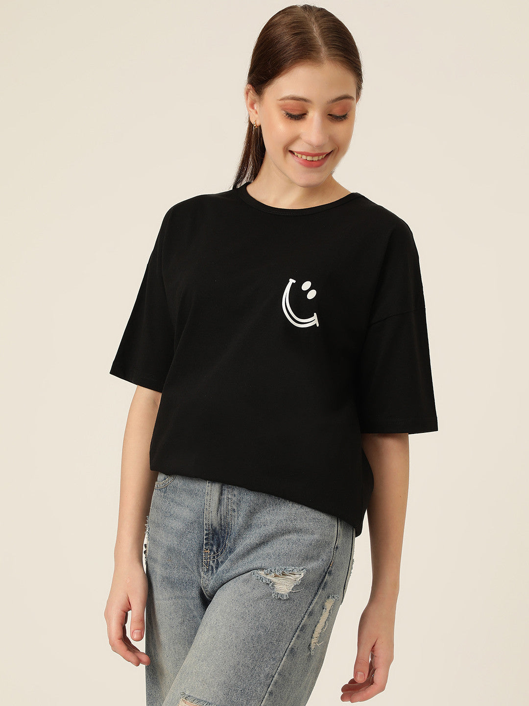 KOTTY Typography Women Round Neck Black T-Shirt 