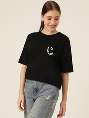 KOTTY Typography Women Round Neck Black T-Shirt 