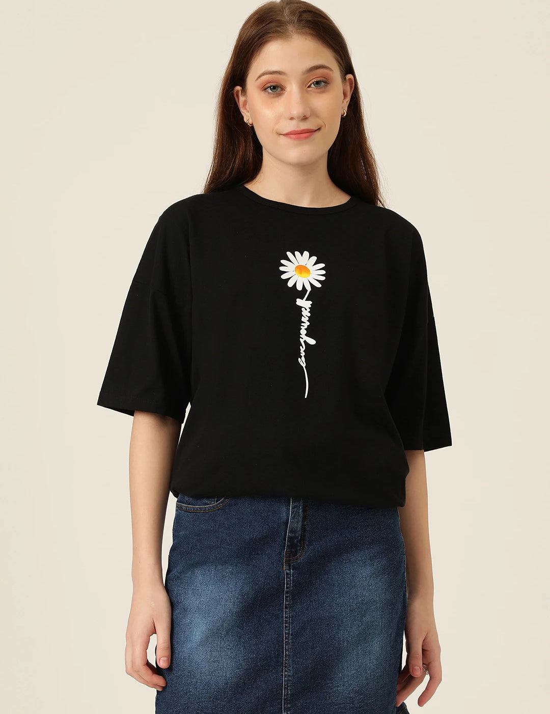 KOTTY Typography Women Round Neck Black T-Shirt 