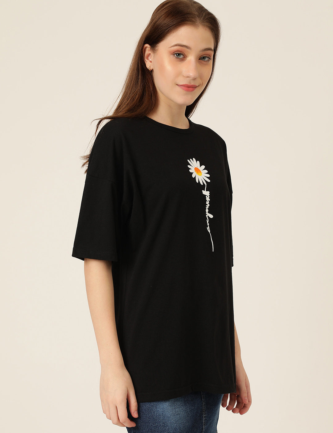 KOTTY Typography Women Round Neck Black T-Shirt 