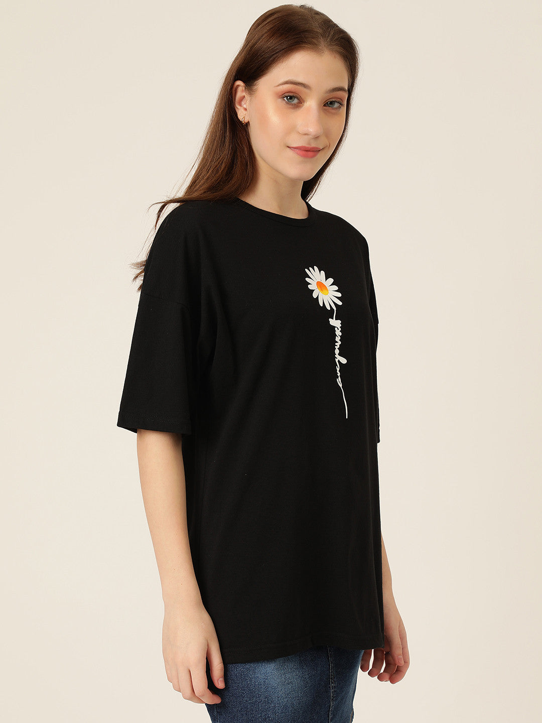 KOTTY Typography Women Round Neck Black T-Shirt 