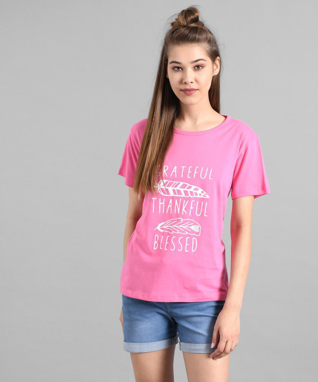 KOTTY Printed Women Round Neck Pink T-Shirt 