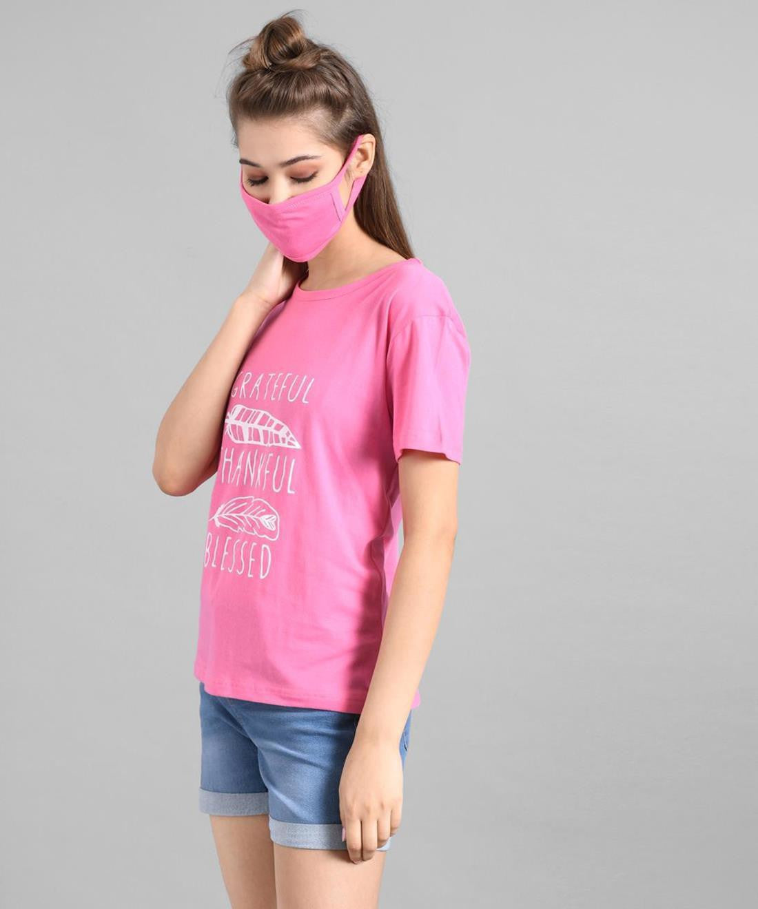 KOTTY Printed Women Round Neck Pink T-Shirt 
