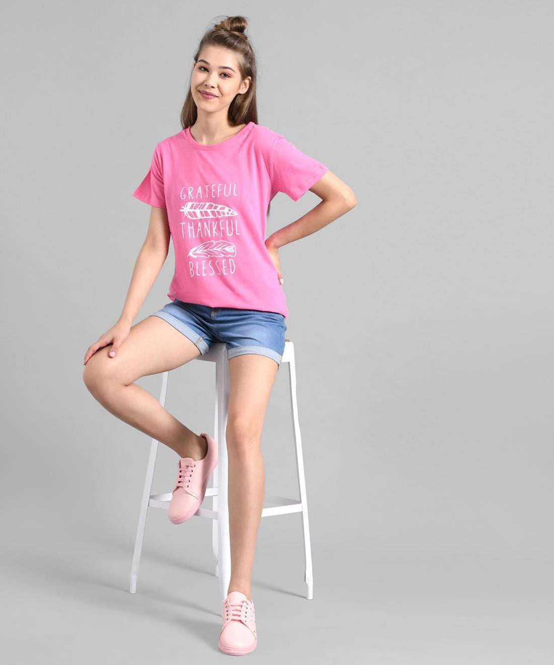 KOTTY Printed Women Round Neck Pink T-Shirt 