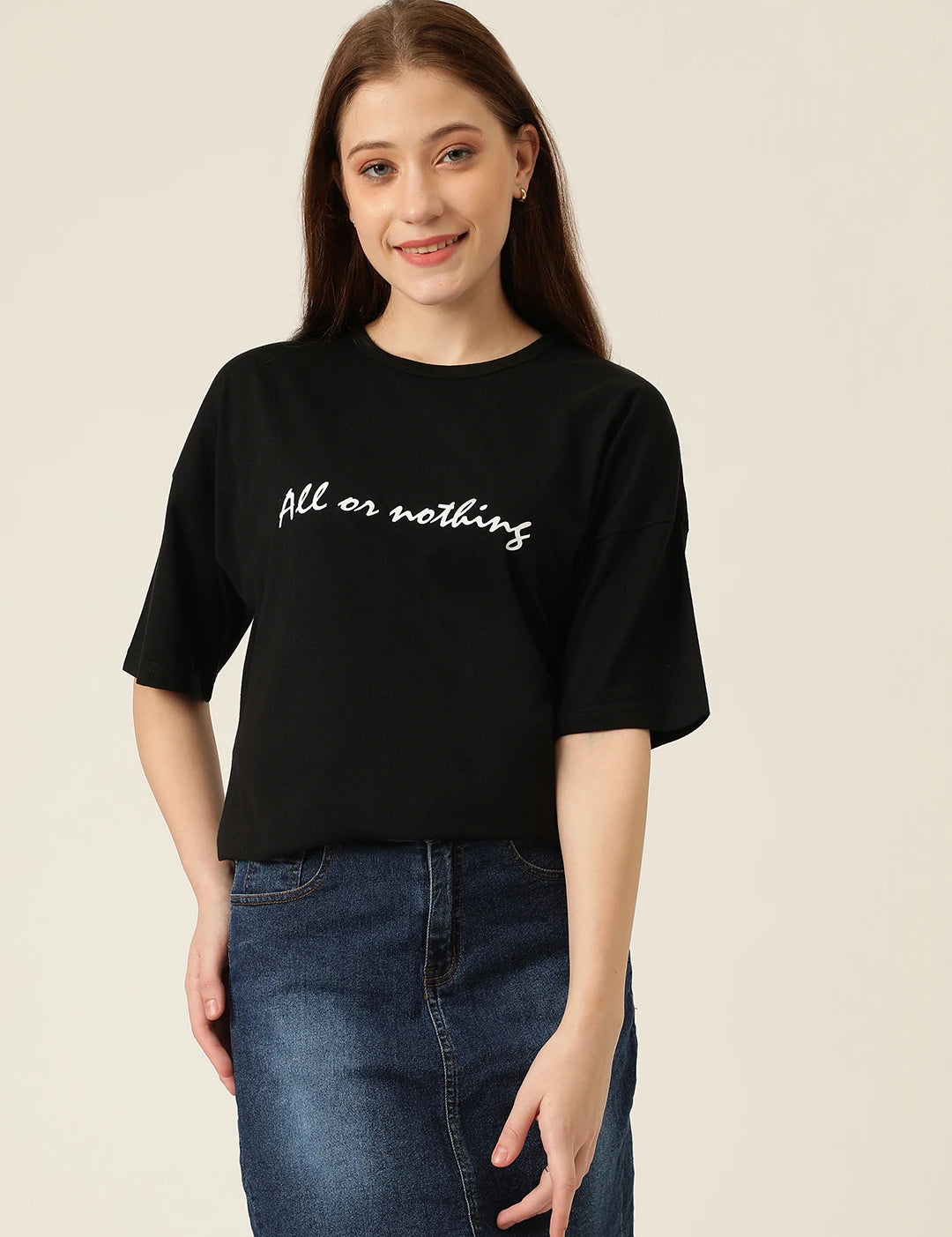 KOTTY Typography Women Round Neck Black T-Shirt 