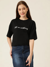 KOTTY Typography Women Round Neck Black T-Shirt 