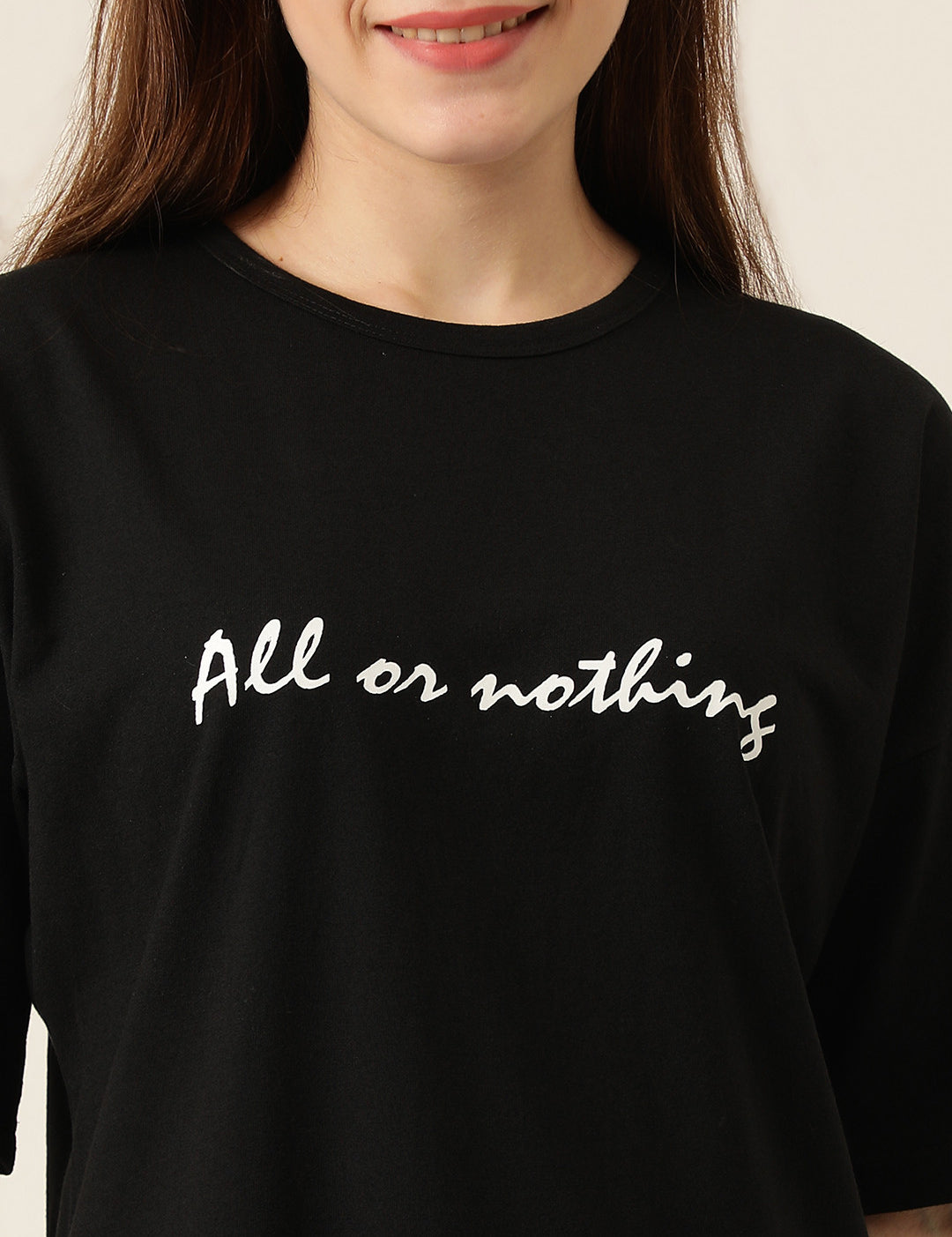 KOTTY Typography Women Round Neck Black T-Shirt 