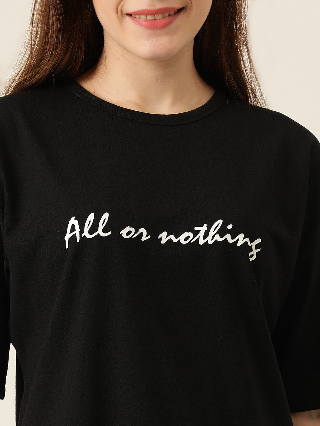 KOTTY Typography Women Round Neck Black T-Shirt 