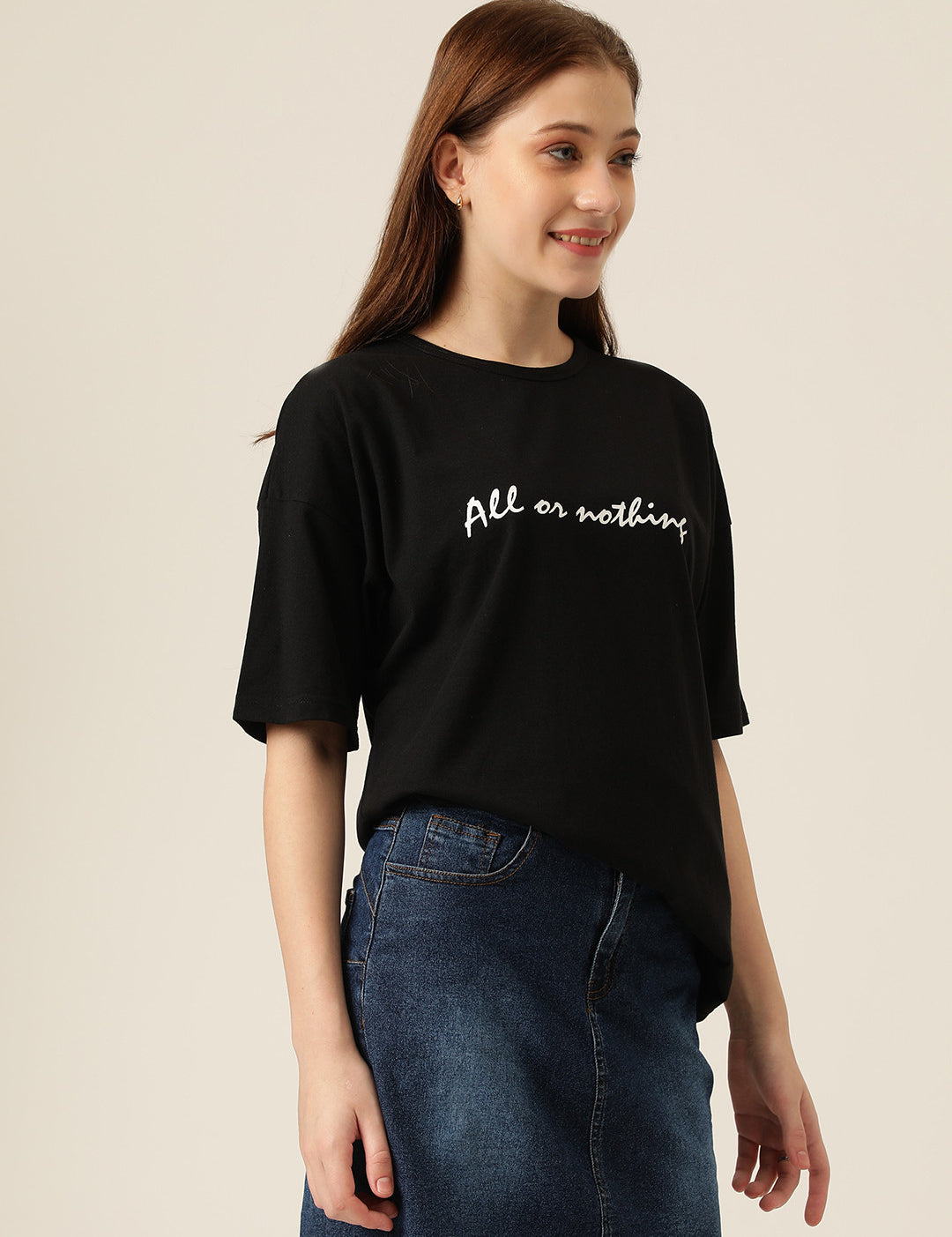 KOTTY Typography Women Round Neck Black T-Shirt 