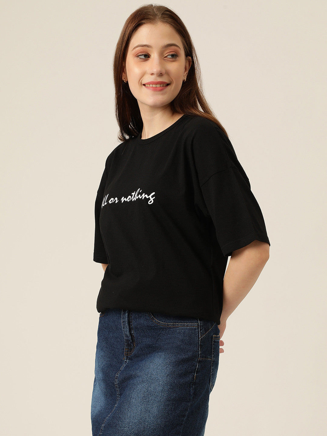 KOTTY Typography Women Round Neck Black T-Shirt 