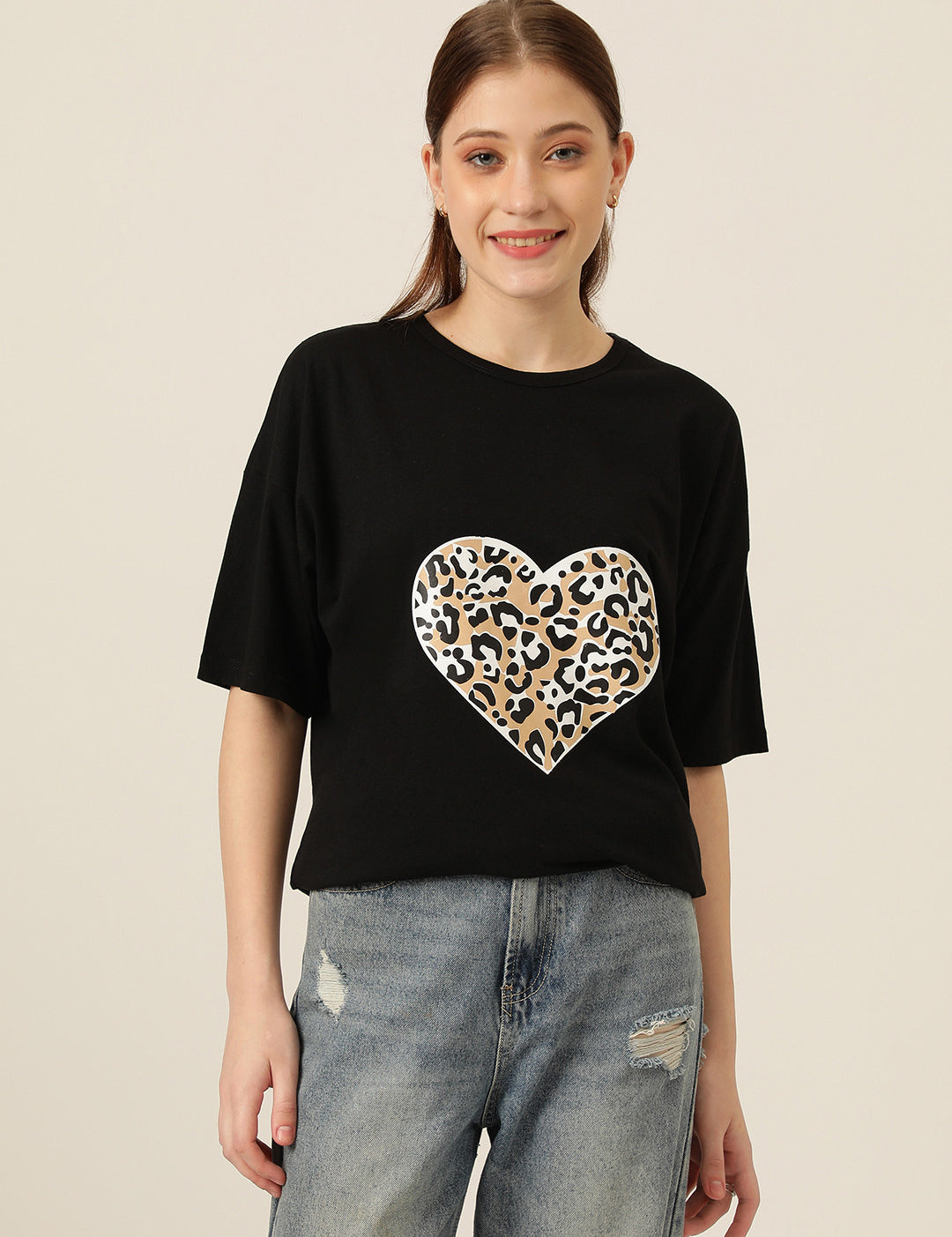 KOTTY Printed Women Round Neck Black T-Shirt 