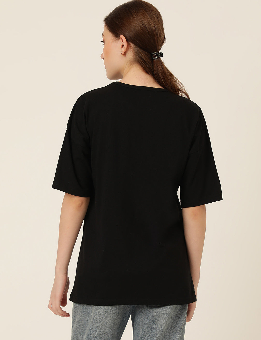 KOTTY Printed Women Round Neck Black T-Shirt 