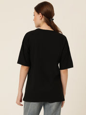 KOTTY Printed Women Round Neck Black T-Shirt 