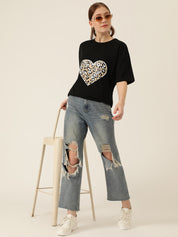 KOTTY Printed Women Round Neck Black T-Shirt 