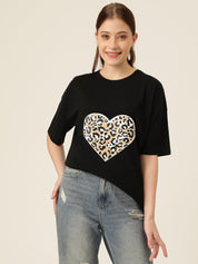 KOTTY Printed Women Round Neck Black T-Shirt 