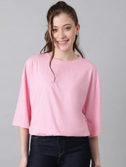 KOTTY Solid Women Round Neck Pink T-Shirt 