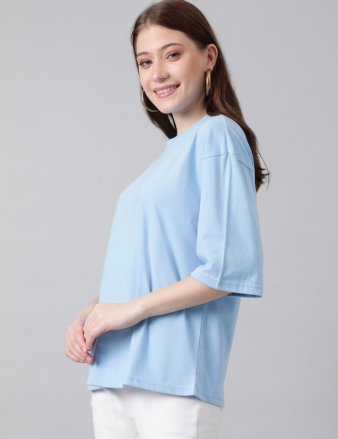 KOTTY Solid Women Round Neck Light Blue T-Shirt 