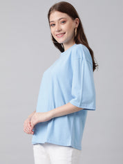 KOTTY Solid Women Round Neck Light Blue T-Shirt 