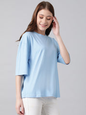 KOTTY Solid Women Round Neck Light Blue T-Shirt 