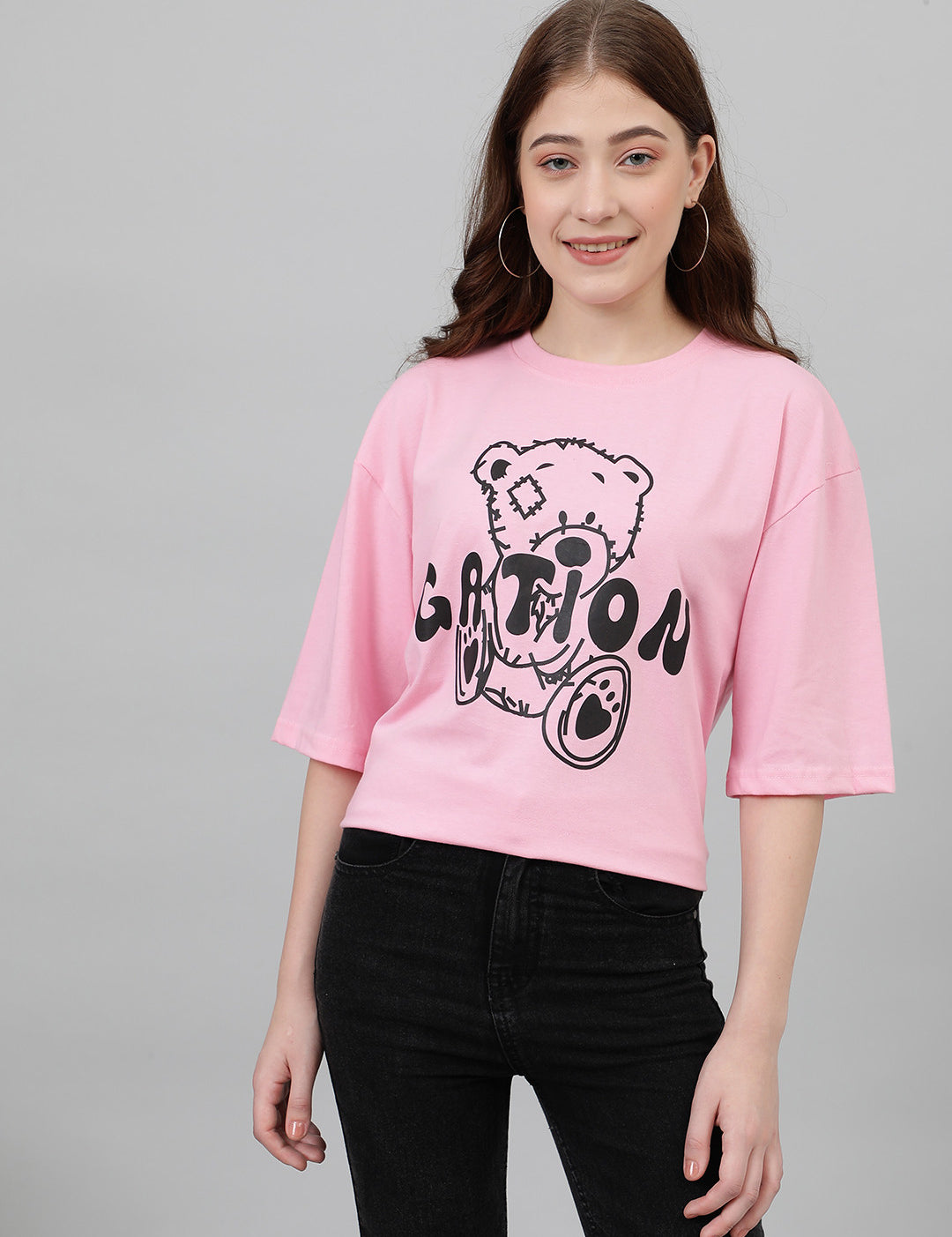 KOTTY Printed Women Round Neck Pink T-Shirt 