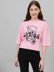 KOTTY Printed Women Round Neck Pink T-Shirt 