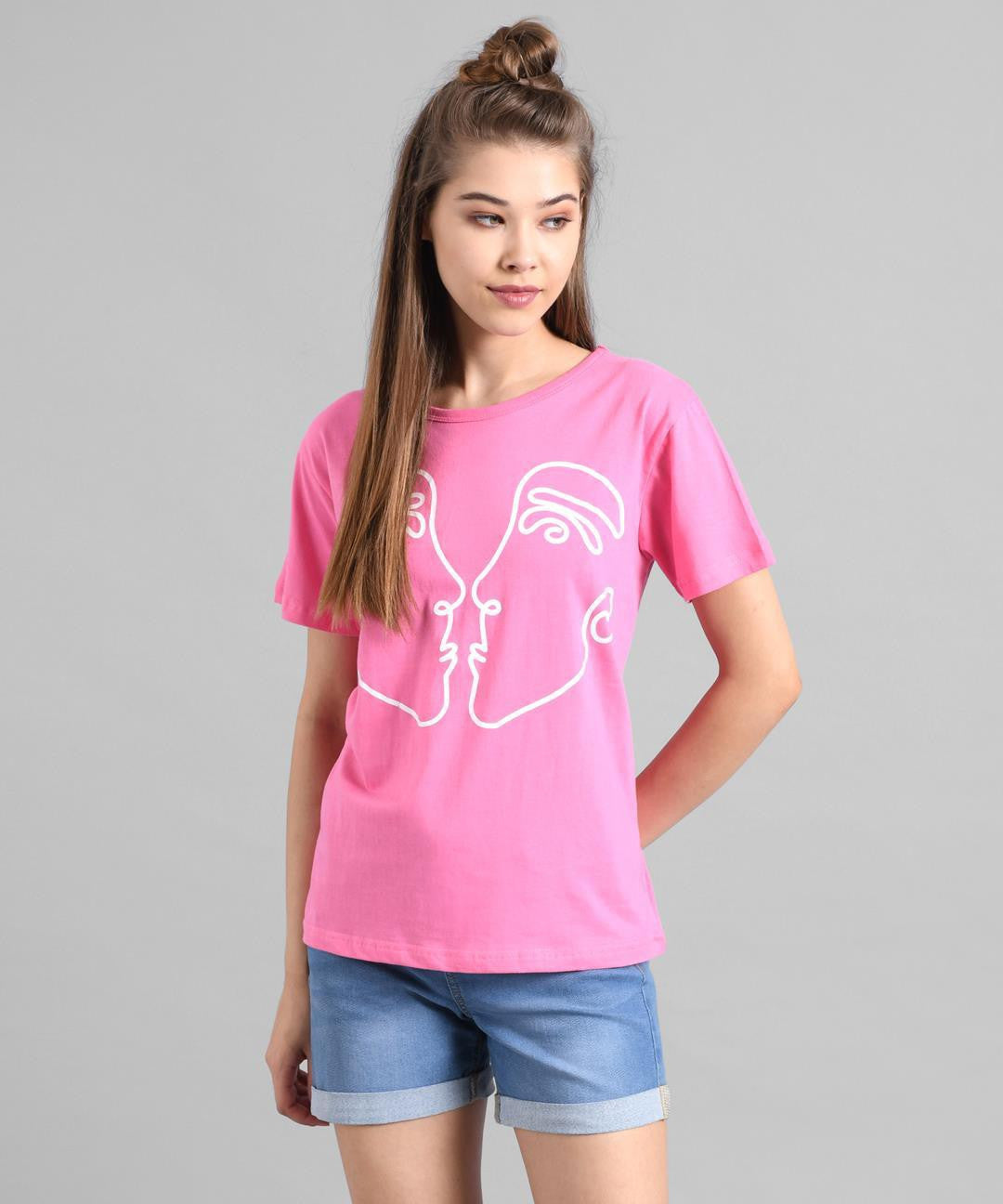 KOTTY Printed Women Round Neck Pink T-Shirt 