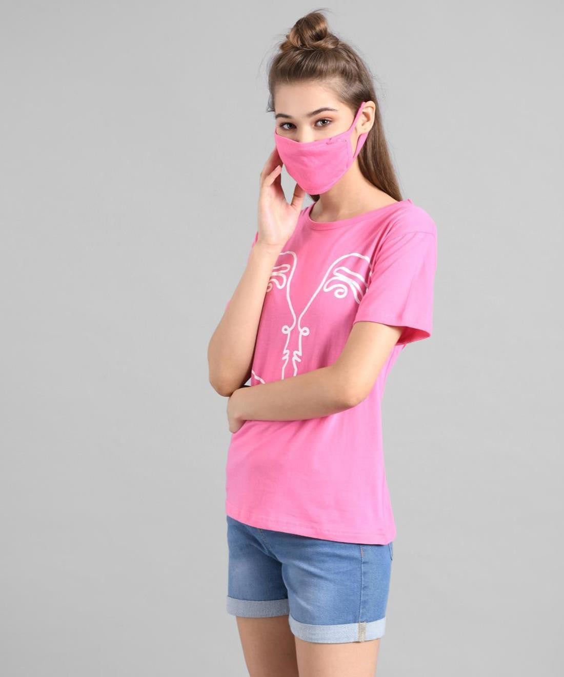 KOTTY Printed Women Round Neck Pink T-Shirt 