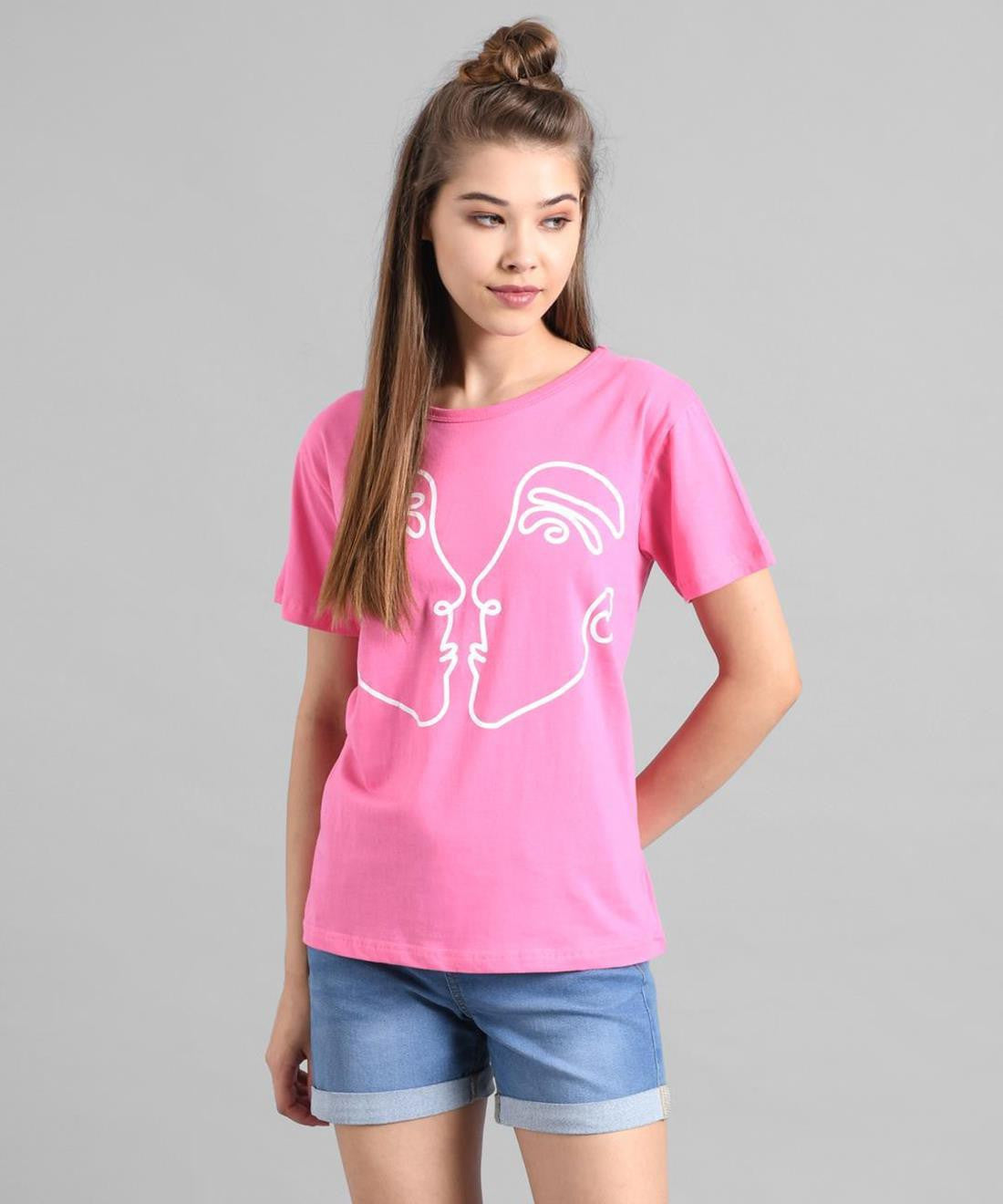 KOTTY Printed Women Round Neck Pink T-Shirt 