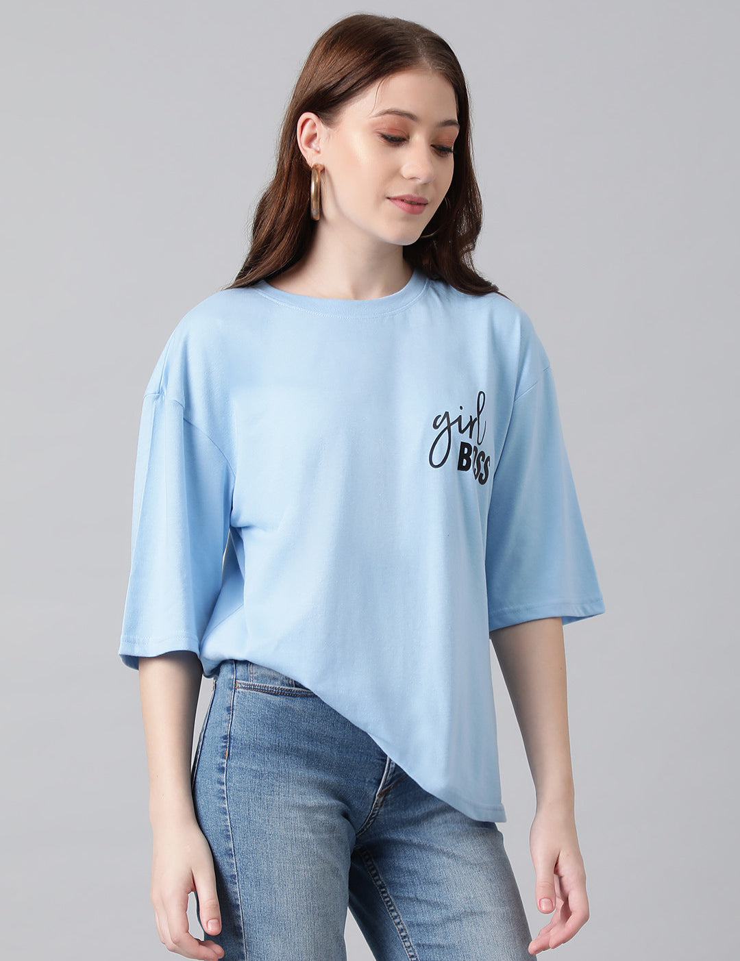KOTTY Printed, Typography Women Round Neck Light Blue T-Shirt 