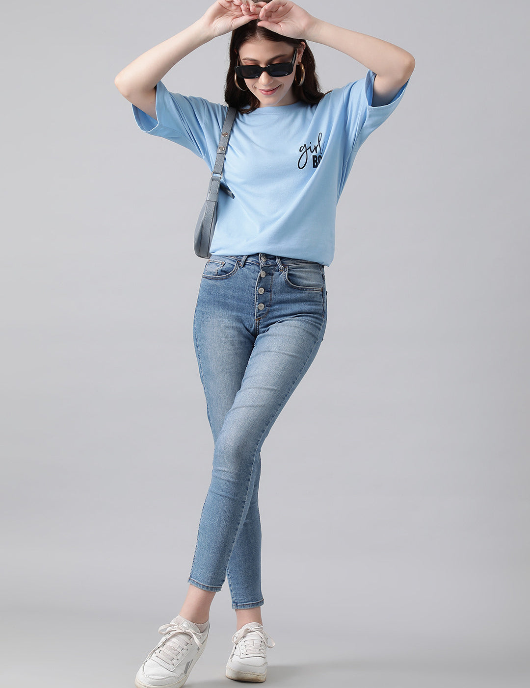 KOTTY Printed, Typography Women Round Neck Light Blue T-Shirt 