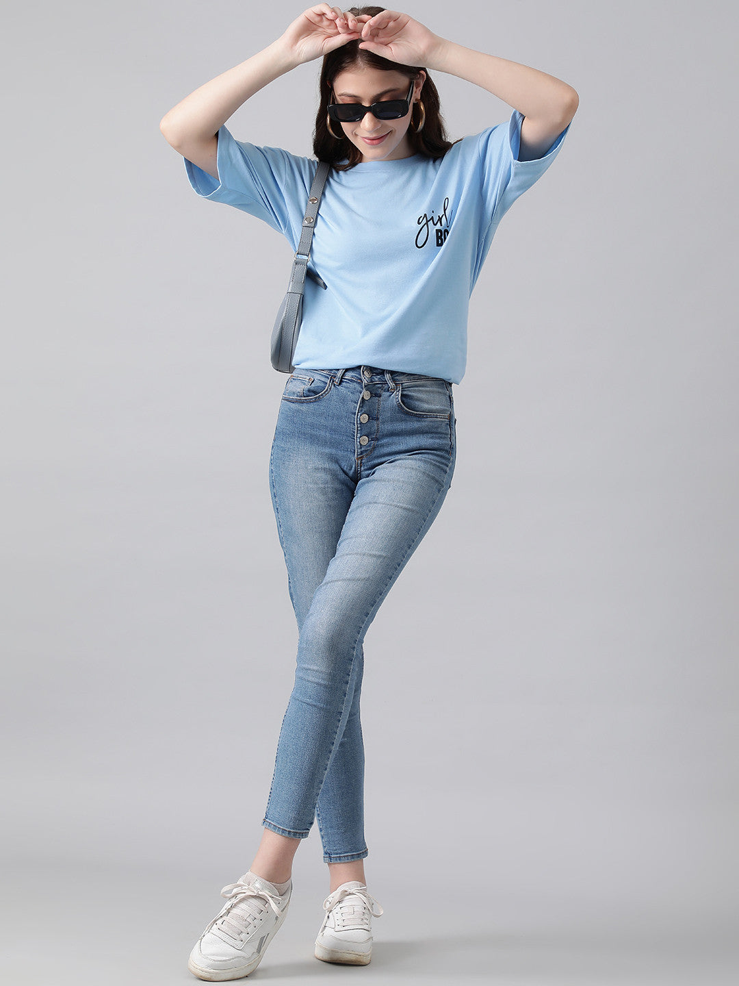 KOTTY Printed, Typography Women Round Neck Light Blue T-Shirt 