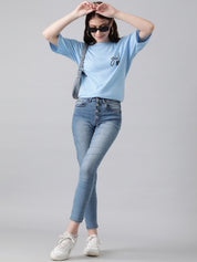 KOTTY Printed, Typography Women Round Neck Light Blue T-Shirt 