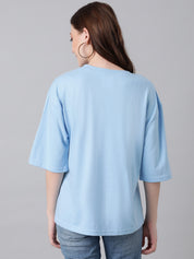 KOTTY Printed, Typography Women Round Neck Light Blue T-Shirt 