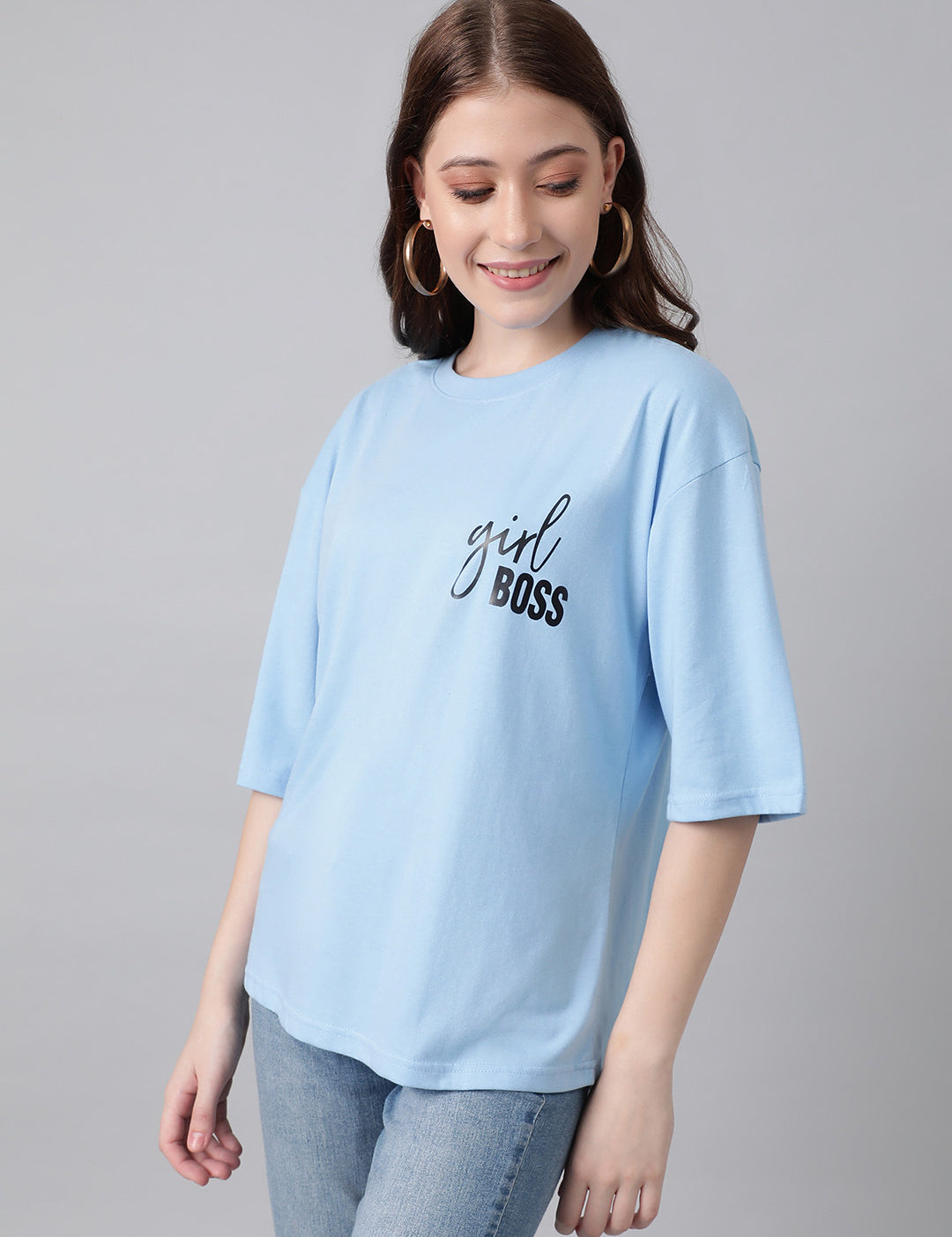 KOTTY Printed, Typography Women Round Neck Light Blue T-Shirt 