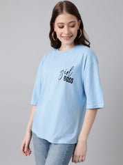 KOTTY Printed, Typography Women Round Neck Light Blue T-Shirt 