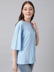 KOTTY Printed, Typography Women Round Neck Light Blue T-Shirt 