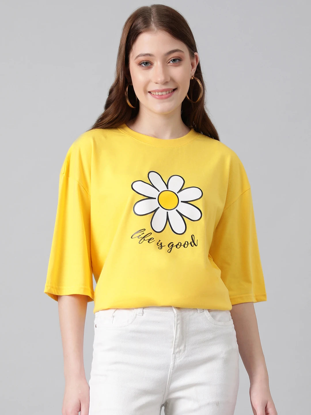 KOTTY Printed, Typography Women Round Neck Yellow T-Shirt 