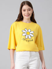 KOTTY Printed, Typography Women Round Neck Yellow T-Shirt 