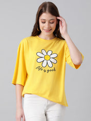 KOTTY Printed, Typography Women Round Neck Yellow T-Shirt 